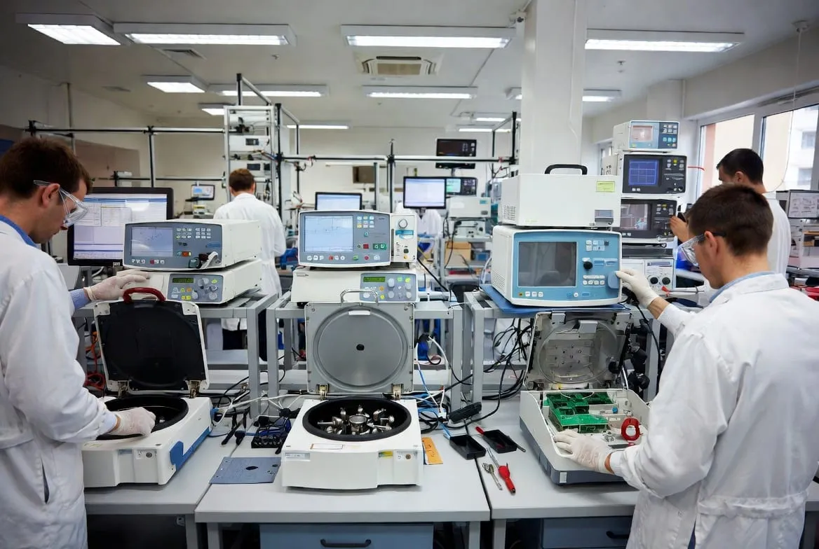 Tehnicieni lucrând la echipamente de laborator în atelierul de service